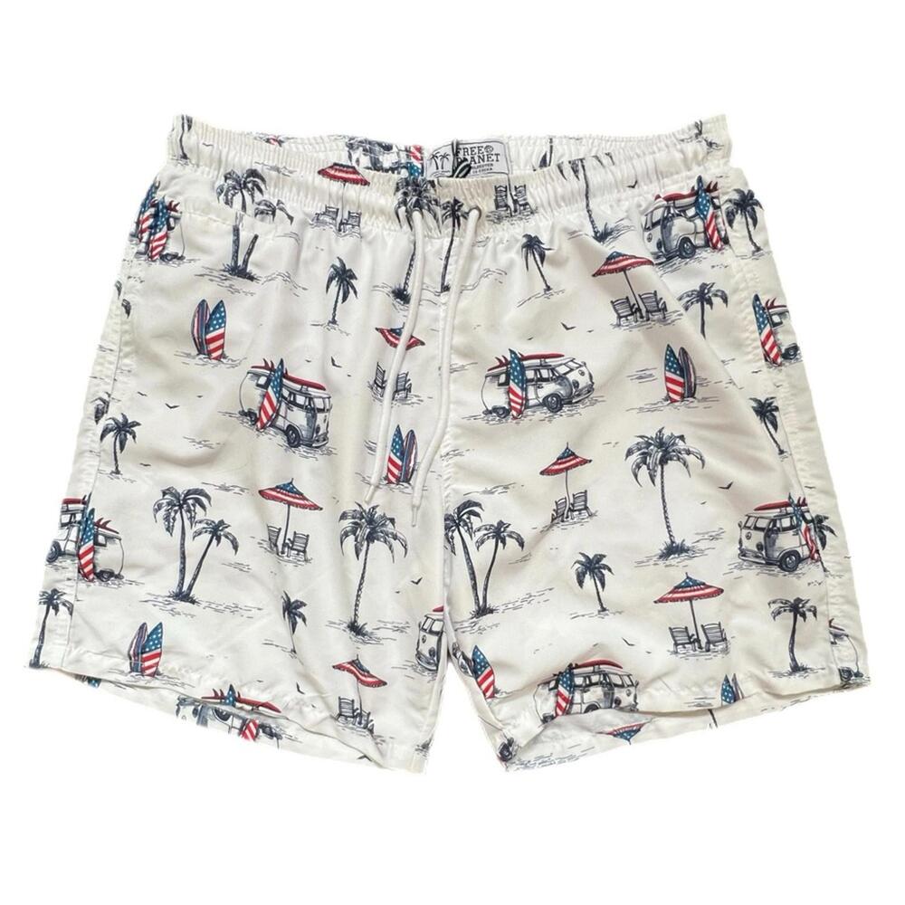 Free Planet White Swim Trunks with Beach Print